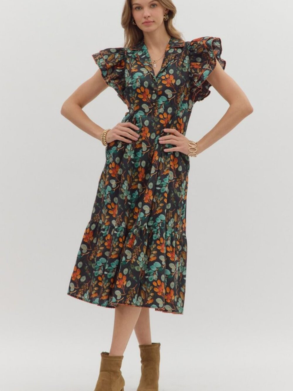 NWT Entro Botanical Print Black Cotton Midi Dress with Flutter Sleeves & Pockets